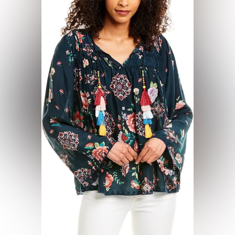 Johnny Was Harley Boho Peasant Floral Top w/ Colorful Tassels - Picture 2 of 15